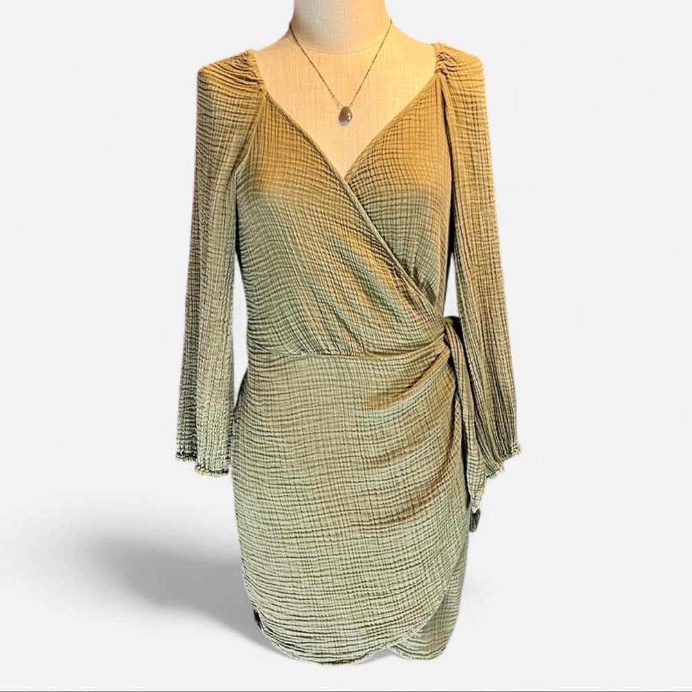💚Anthropologie Wrap Long Sleeve Cover-Up Dress • Green Cotton Gauze
